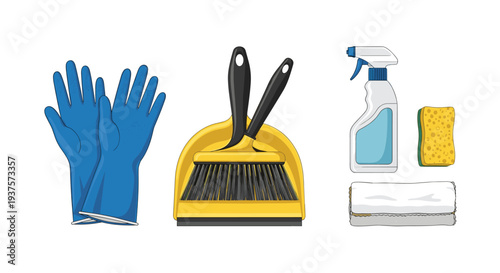 A pair of blue rubber gloves, a yellow dustpan and brush, a spray bottle, a sponge, and white cloths are neatly arranged on a white surface.