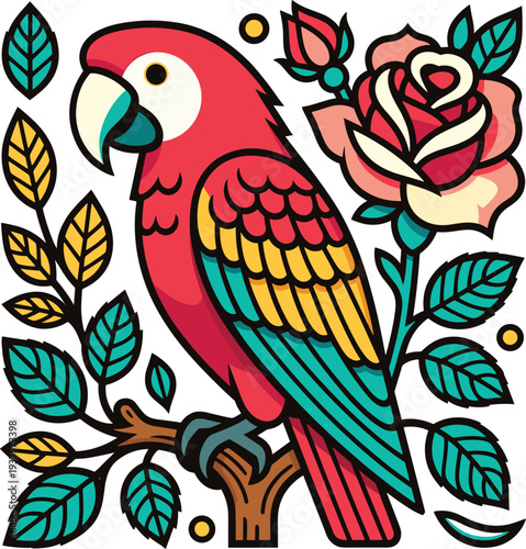 Colorful scarlet macaw parrot illustration perched on a tree branch with roses and decorative teal leaves isolated on white background for tropical nature design