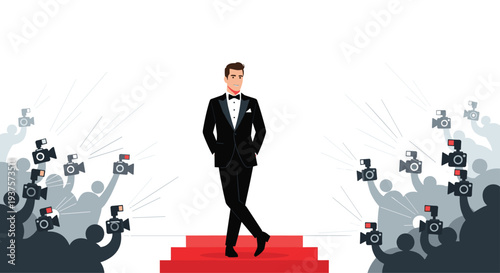 A handsome man in a black tuxedo with a bow tie stands confidently with crossed legs on a red carpet, surrounded by numerous photographers with flashing cameras.