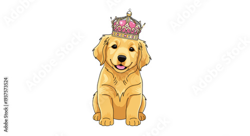A cute golden retriever puppy sits facing forward with a happy smile, wearing an ornate pink and gold jeweled crown on its head against a clean white background.