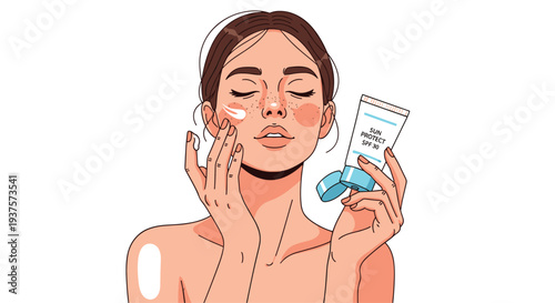 A woman with closed eyes and freckles gently applies white sun protection cream to her cheek with her fingers, holding a blue-capped tube labeled SUN PROTECT SPF 30 against a plain white background.