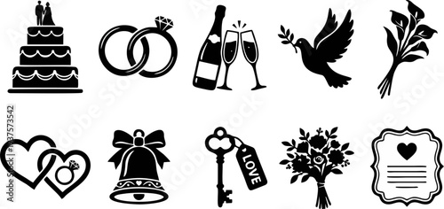 Wedding Icons Silhouette Bundle Set Including Rings Cake Dove Flowers and Heart Isolated on White