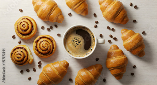 Coffee, Croissants, and Cinnamon Rolls: A Delicious Morning Still Life Arrangement