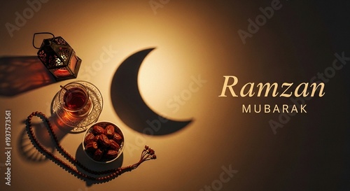 Traditional Iftar Table with Dates Tea and Rosary Beads Featuring a Symbolic Crescent Moon Shadow for Ramadan 2026.