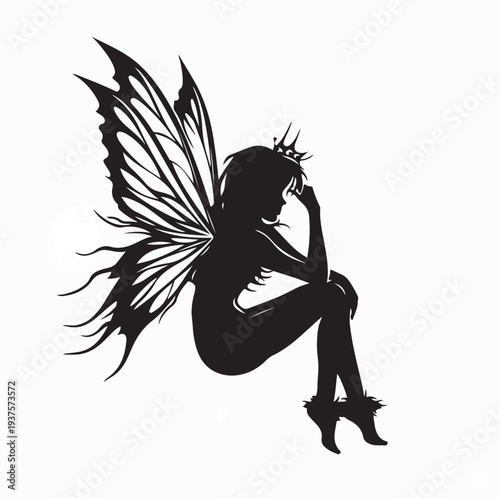 Lonely Fairy with Wings Sitting Silhouette Vector On White Background