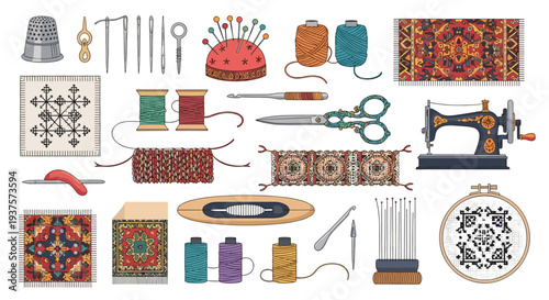 A comprehensive collection of various sewing and craft tools, including spools of thread, needles, scissors, a sewing machine, and patterned fabrics, is neatly arranged on a white background.