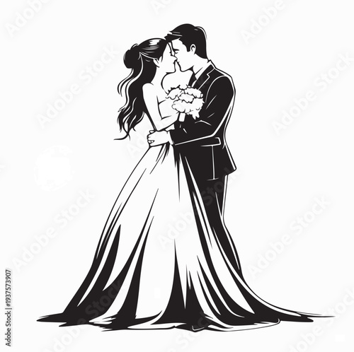 Romantic Bride and Groom Wedding Ceremony Vector on White Background
