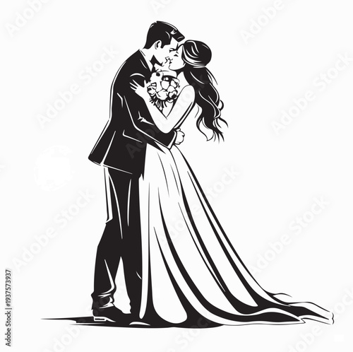 Elegant Wedding Couple in Wedding Clothes Vector on White Background