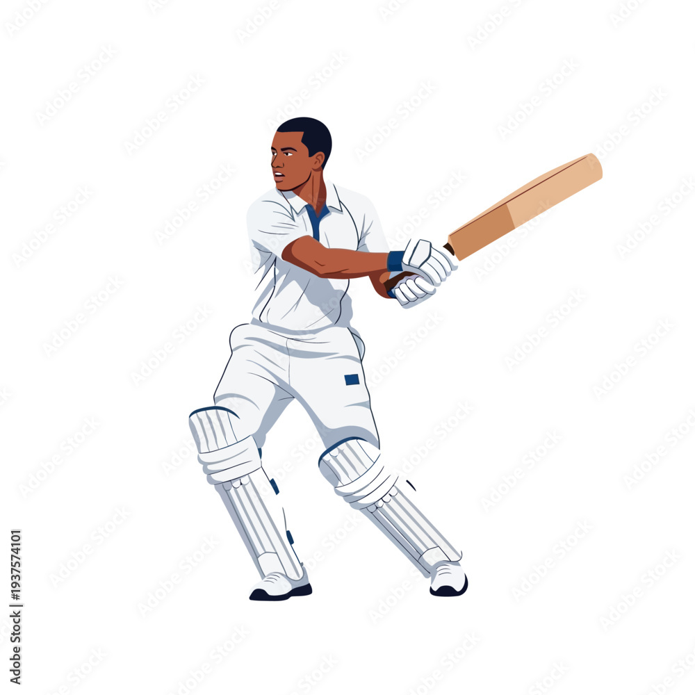 Fototapeta premium Illustration of a cricket player wearing white uniform and protective gear, swinging a bat on a plain background.