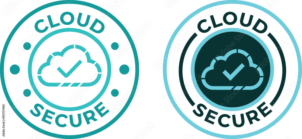 Obraz premium Cloud Secure Badge Set with Protected Cloud and Check Mark Symbol in Circular Seal Design, Modern Cybersecurity Label Collection for Data Protection, Secure Hosting, SaaS Platforms and Trusted Technol