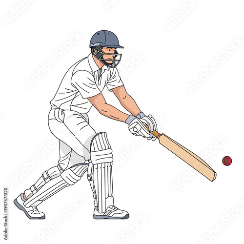 Illustration of a cricket player in action, wearing protective gear and swinging a bat at a red ball on a white background with a dynamic pose.