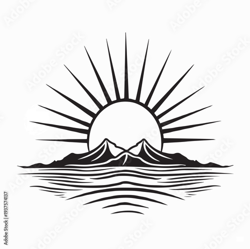 Sunrise Behind Mountain Peaks Vector Landscape Illustration