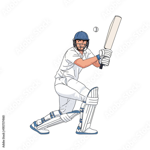 Illustration of a cricket player in action, swinging a bat with a ball nearby, wearing protective gear on a white background.