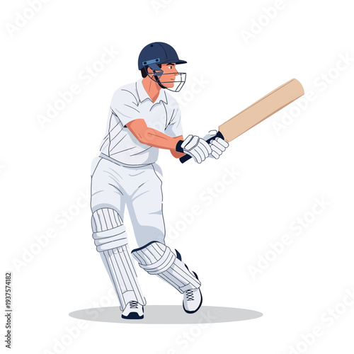 Illustration of a cricket player wearing protective gear and swinging a bat with a solid stance.