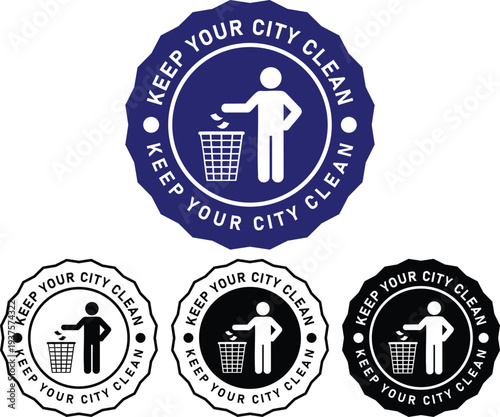 Keep Your City Clean Circular Badge Set with Person Throwing Trash in Bin Icon, Urban Cleanliness Awareness Emblem Collection for Waste Disposal Campaign, Environmental Signage 