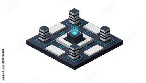 Isometric illustration of a central processing unit surrounded by database servers.