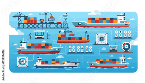 Cargo ships and boats in various configurations on the ocean.