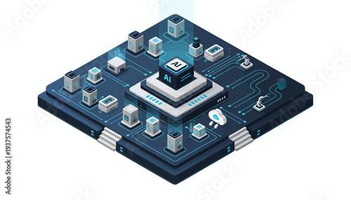 Isometric illustration of a microchip with various components on a circuit board.