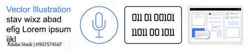 Artificial intelligence, voice recognition, data encryption, digital communication, programming, software design. Microphone graphic with binary code and UI elements. Voice recognition and AI