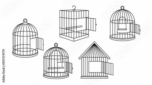 Classic open bird cage vector set with empty black and white wire enclosures, simple line art outline illustration for coloring book, freedom concept, or pet shop graphic elements.