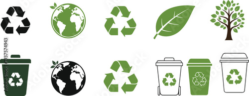 Set of green recycling icons including waste bins earth globes leaves and trees isolated on white background for environmental sustainability and ecology design