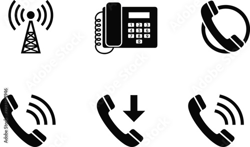 Vector Icon Set of Communication Symbols Including Telephone Landline Receiver Signal Tower Wireless Connection Incoming Call Outgoing Call And Handset Support For Business Contact