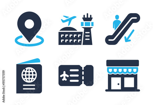 Travel and Airport Facilities icon set. Solid glyph series icons