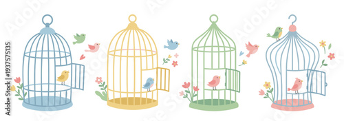 Vector pastel set of four bird cages with open doors featuring flying birds entering and leaving, and flower accents. Perfect for clean modern microstock vector designs.
