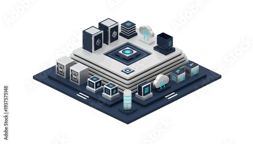 Isometric illustration of a futuristic data center with servers and network infrastructure.