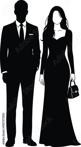Elegant silhouette of a formal couple in black tie attire featuring a man in a sharp suit and a woman in a gown.