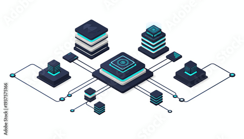 Isometric illustration of a central database connected to various servers and data storage units.
