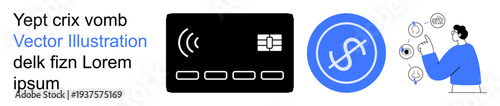 Financial technology, digital payments, e-commerce, online banking, contactless transactions, fintech solutions. Black payment card, currency symbol person reviewing finances. Financial technology
