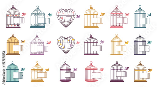 Vector collection of vintage bird cages with open doors and flying birds in multiple colors and shapes like heart and dome. For stock microstock vector sites and graphic designs.