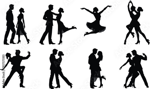 Romantic couple dancing silhouettes collection with ballroom and latin poses, black vector illustration set isolated on white background for love and celebration design