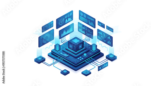 Futuristic digital infrastructure with interconnected devices and data visualization.