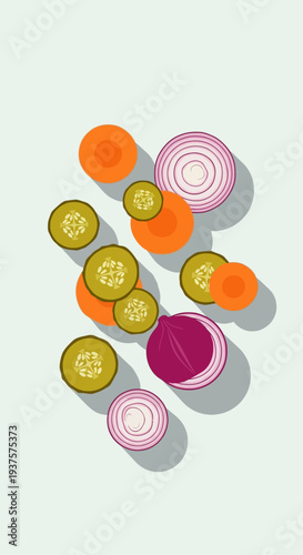 Fresh Sliced Vegetables: Carrots, Onions, Cucumbers