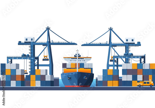 A cargo ship is docked in a port Containers are stacked cranes loom above A yellow truck is visible