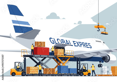 A cargo plane labeled GLOBAL EXPRES is being loaded with pallets containers and crates Forklifts and workers are present