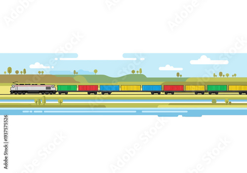 A gray train with colorful containers travels across a landscape with a river trees and sky