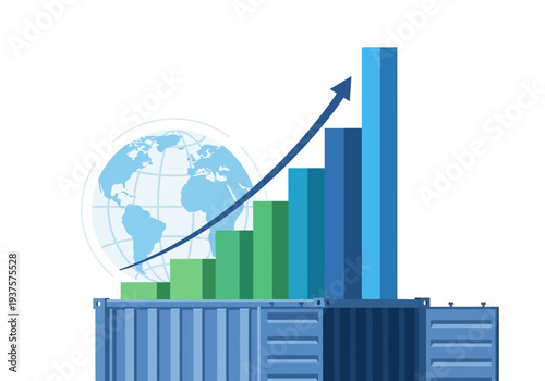 A graph with rising bars and an arrow over shipping containers and a globe