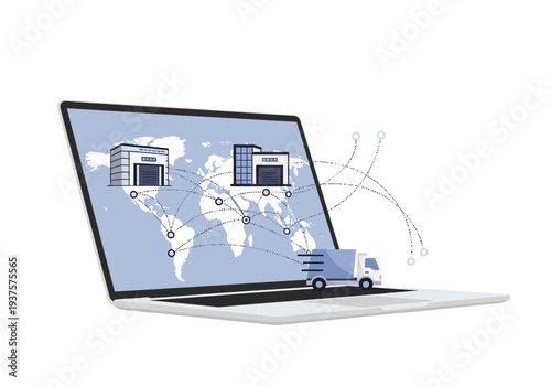 A laptop displays a world map with buildings and a truck connected by dotted lines