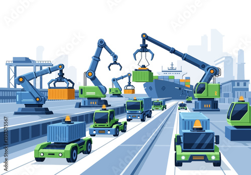 A harbor scene with container trucks cranes and a ship