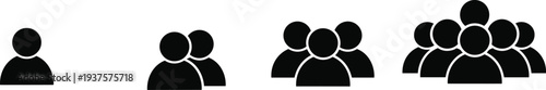 Black Silhouette Vector Icons Showing Progression From Single User To Small Group And Large Team For Business Growth Leadership And Community Social Networking Concept