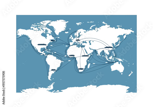 A world map displaying shipping routes with cargo ships
