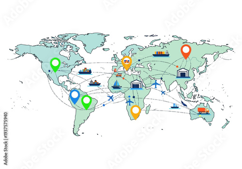 A world map illustrating global shipping routes with pins ships planes and trucks