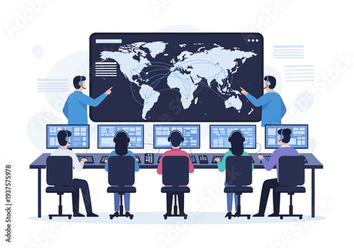 Control room illustration depicts operators monitoring large screen with a world map and connections Operators are using headsets screens and keyboards