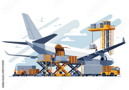 Illustration of cargo airplane being loaded with packages by workers using various tools