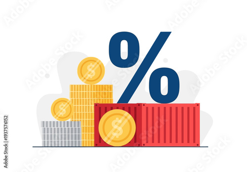 Image depicts stacks of coins a red shipping container and a percent symbol