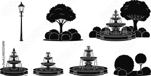 Black Vector Silhouette Collection of Tiered Garden Fountains Vintage Street Lamp Post Deciduous Trees and Ornamental Bush Shrubs for Park Landscape Design and Illustration