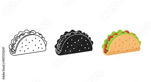 Collection of vector graphic taco icons illustrating line art solid silhouette and full color cartoon food design elements